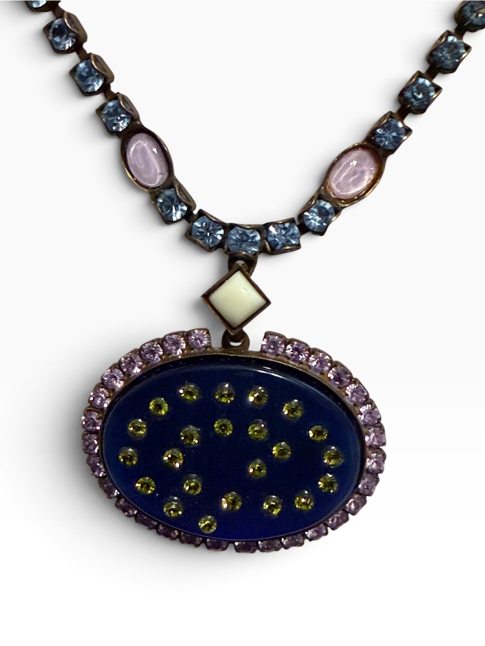 Sorrelli signed blue pink crystal oval statement pendant necklace